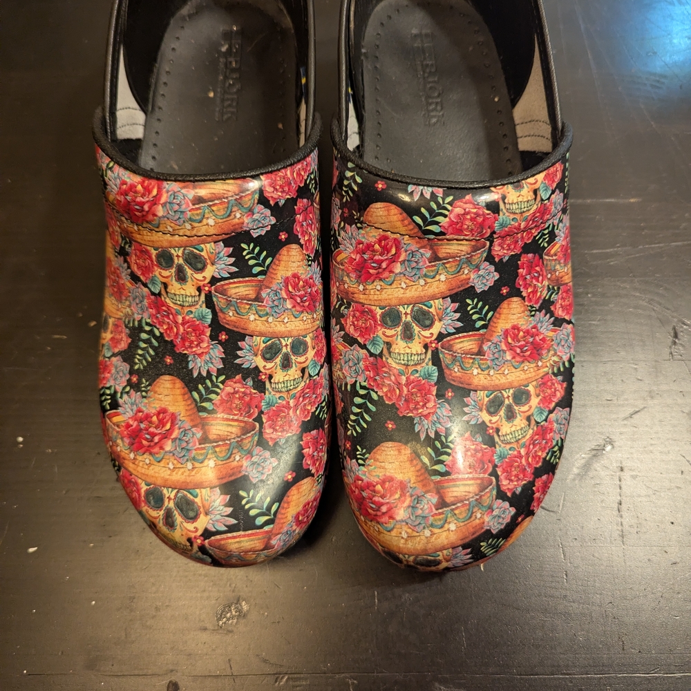 Dansko Floral Skull Mules - Black and Red